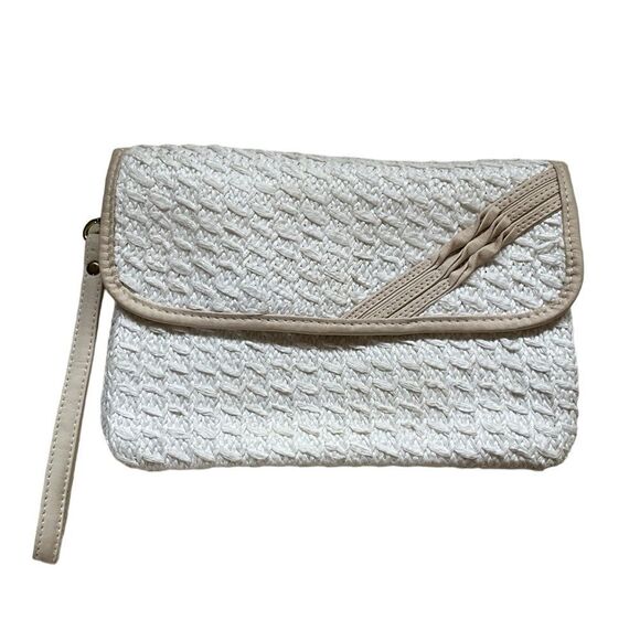 Sarne Vintage 1960's White Clutch Purse Woven Raffia Tan Leather Trim - Picture 1 of 10